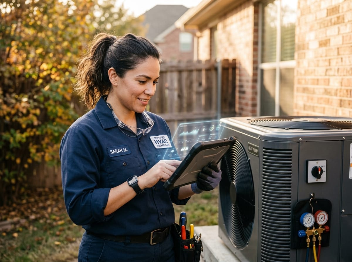 Close-up of a technician reviewing a digital tablet showing HVAC system diagnostics while standing next to a modern heat pump unit