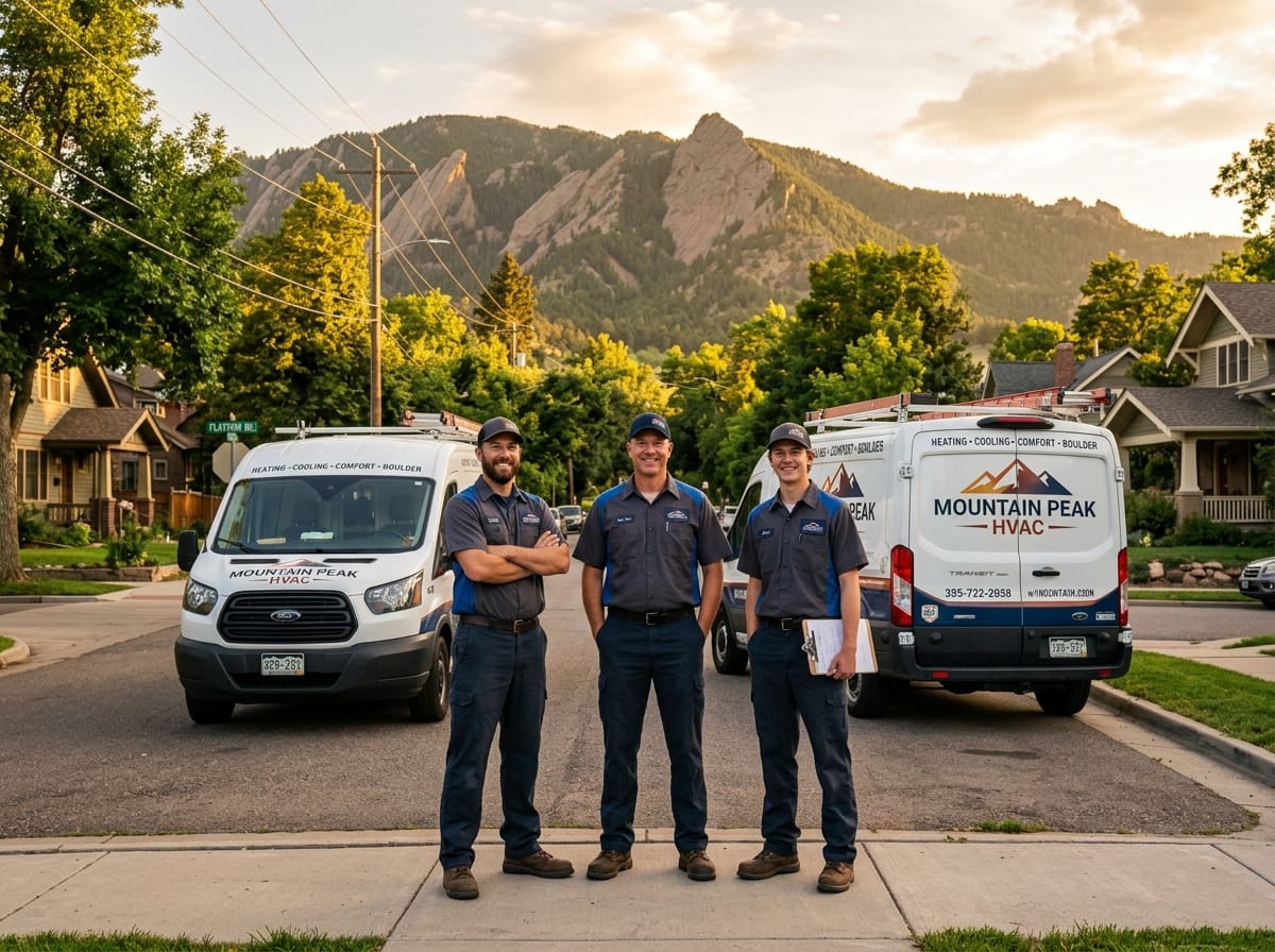 Granite Peak HVAC team of three technicians standing in front of their branded service vans in a Boulder neighborhood with the Flatirons visible at golden hour