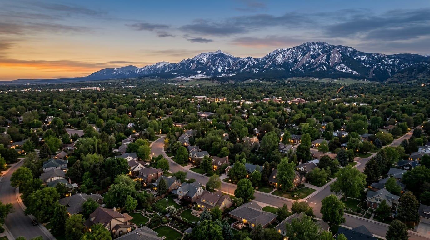 Aerial view of a quiet Boulder Colorado residential neighborhood with tree-lined streets and the Rocky Mountains in the background at dusk