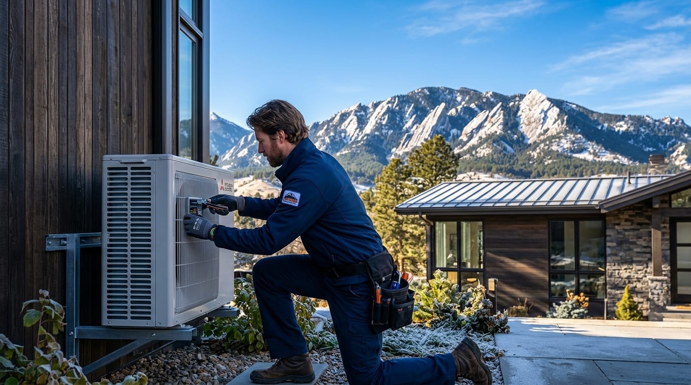 HVAC technician adjusting a modern heat pump unit on the exterior of a Boulder home with the Rocky Mountains in the background on a clear blue-sky day