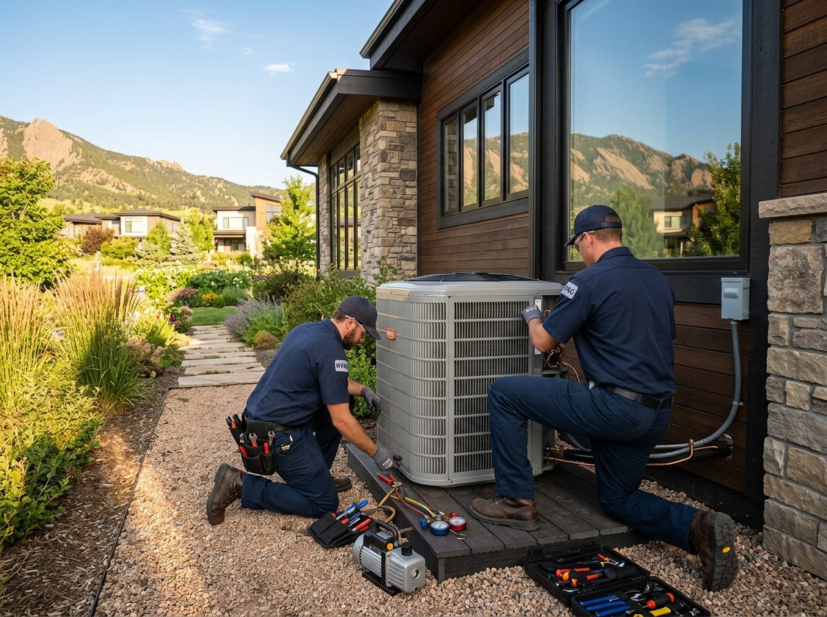 Two technicians installing a modern central air conditioning condenser unit outside a contemporary home on a sunny Colorado afternoon