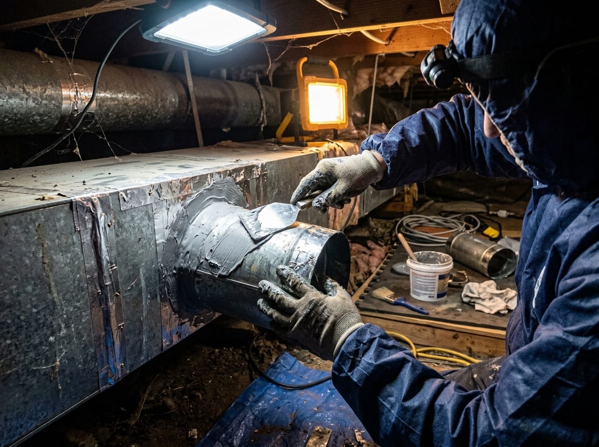 Technician sealing ductwork in a crawl space with specialized mastic sealant under bright work lights, wearing protective equipment