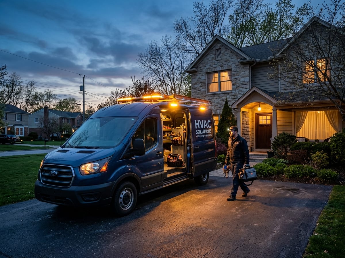 HVAC technician arriving at a home at night with a service van with lights on, prepared to diagnose an emergency heating failure in winter