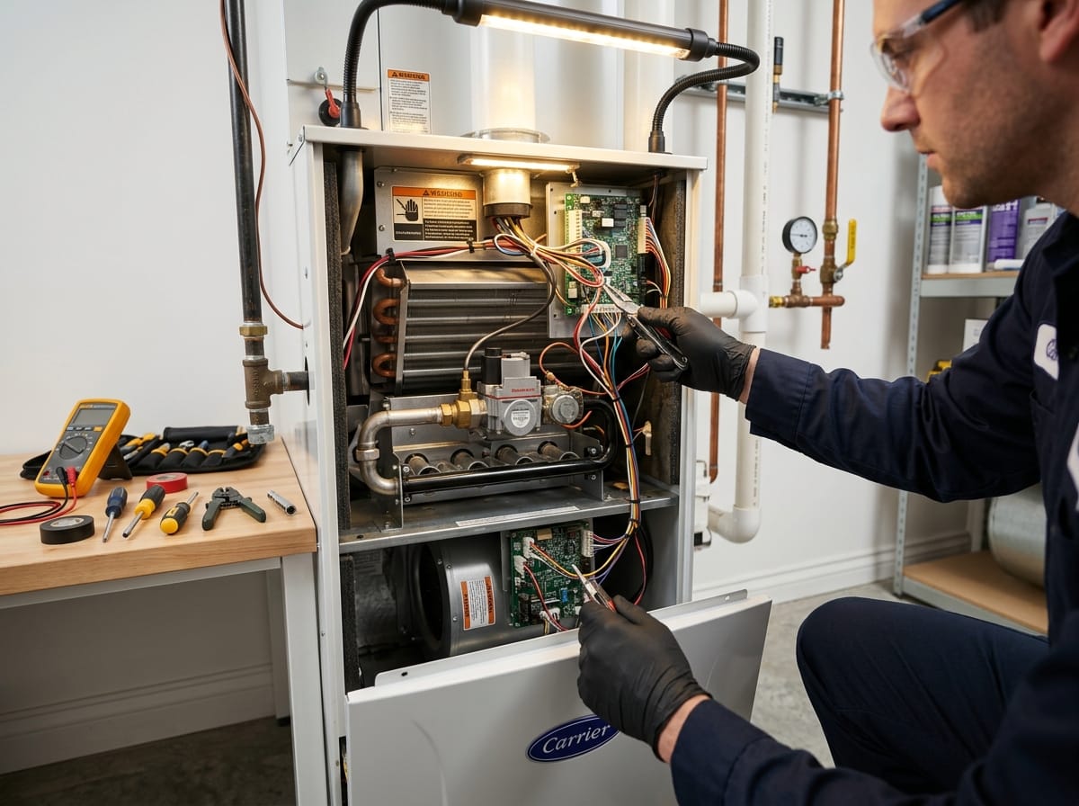 HVAC technician inspecting a high-efficiency gas furnace in a clean utility room with bright overhead lighting and organized tools laid out