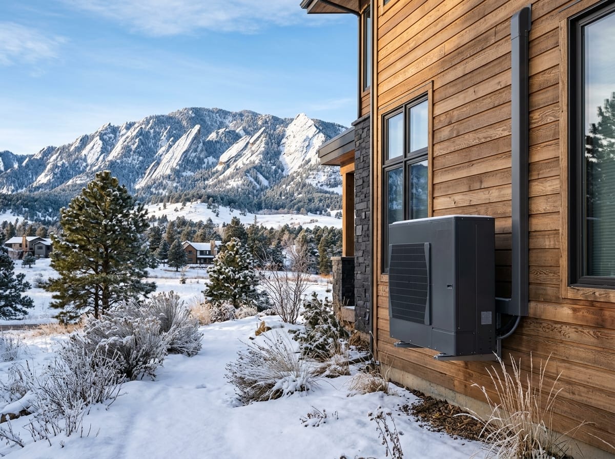 Modern heat pump unit mounted on the side of a Boulder home with snow-capped Flatirons visible in the background on a crisp winter morning