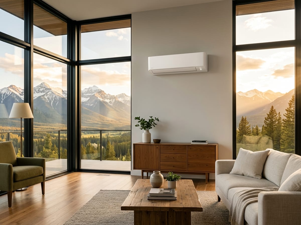 Sleek white ductless mini-split wall unit installed in a modern living room with mountain views through large windows and warm afternoon light